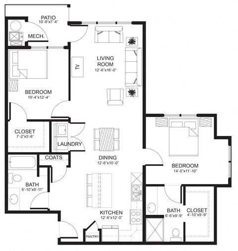 Floor plan for 2 beds, 2 baths, 1077 sqft